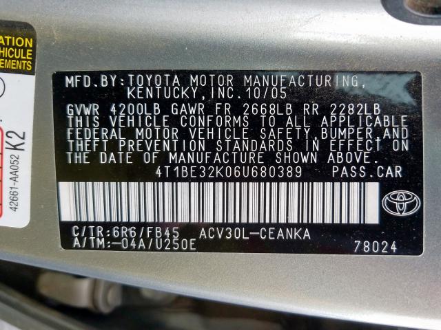 4T1BE32K06U680389 - 2006 TOYOTA CAMRY LE  photo 10