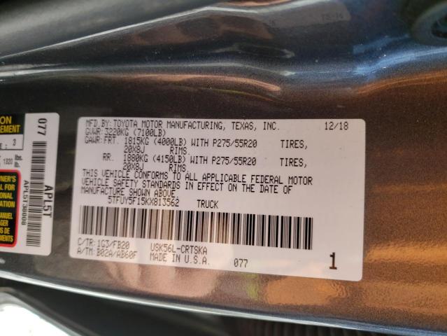 5TFUY5F15KX813562 - 2019 TOYOTA TUNDRA DOUBLE CAB SR/SR5 GRAY photo 10