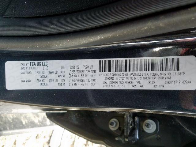 1C6SRFLT5KN755830 - 2019 RAM 1500 REBEL  ფოტო 10