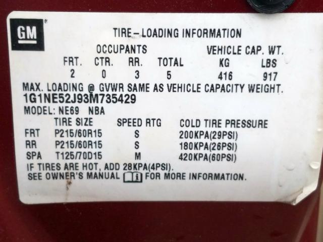 1G1NE52J93M735429 - 2003 CHEVROLET MALIBU LS  photo 10