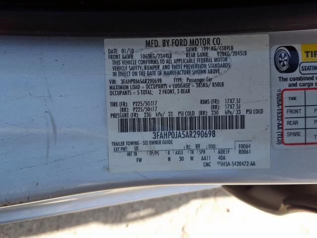 3FAHP0JA5AR290698 - 2010 FORD FUSION SEL  photo 10