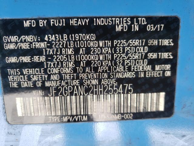 JF2GPANC2HH255475 - 2017 SUBARU CROSSTREK LIMITED BLUE photo 10