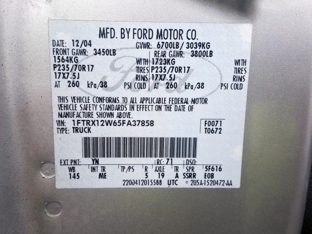 1FTRX12W65FA37858 - 2005 FORD F150  photo 10