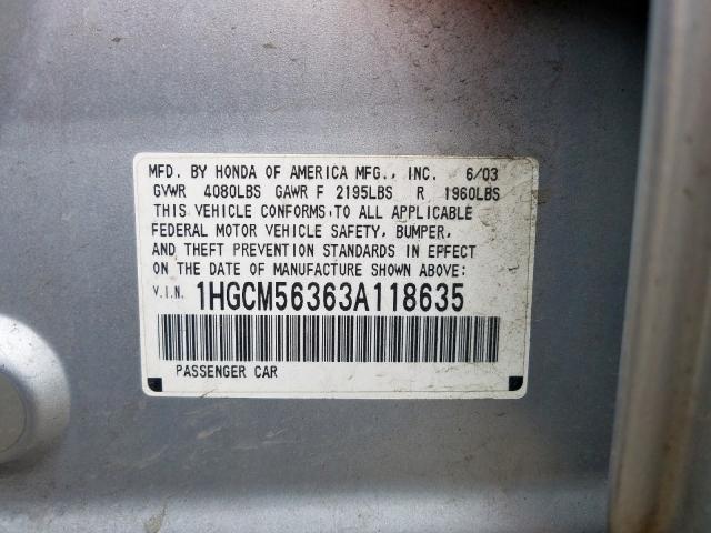 1HGCM56363A118635 - 2003 HONDA ACCORD LX  photo 10