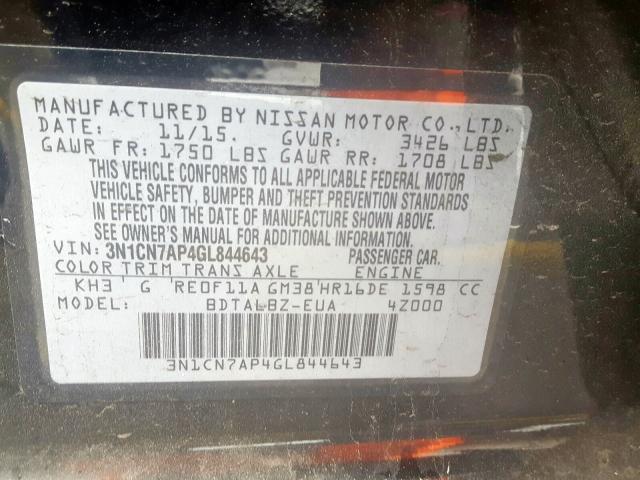 3N1CN7AP4GL844643 - 2016 NISSAN VERSA S  photo 10