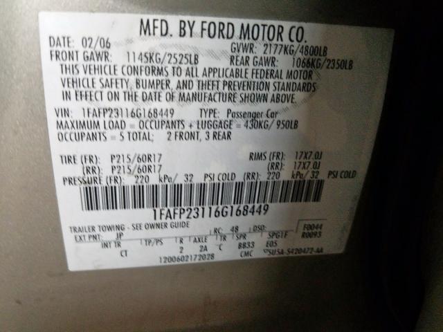 1FAFP23116G168449 - 2006 FORD ford five hundr  photo 10