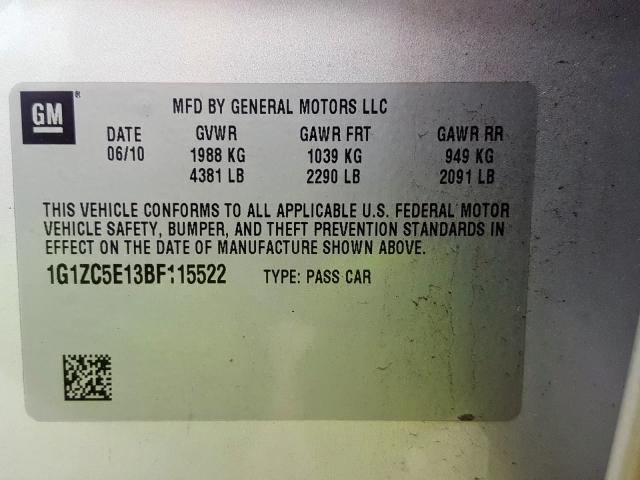 1G1ZC5E13BF115522 - 2011 CHEVROLET MALIBU 1LT  照片 10