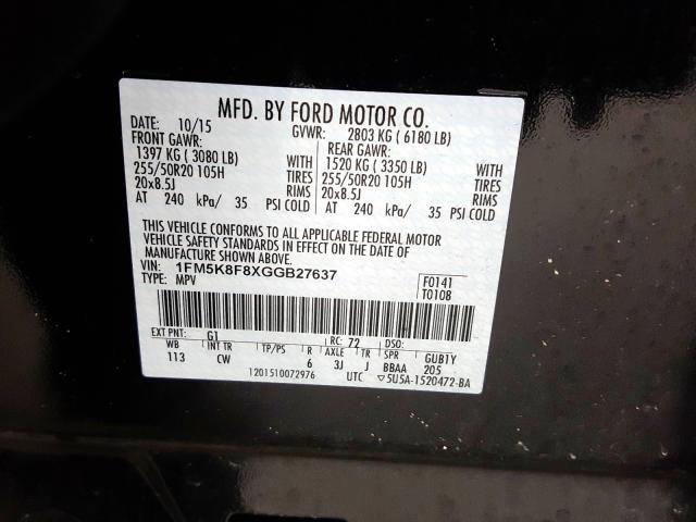 1FM5K8F8XGGB27637 - 2016 FORD EXPLORER LIMITED  photo 10