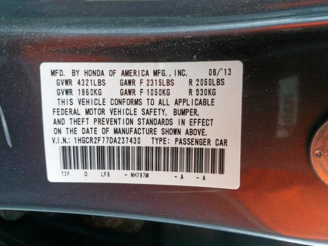 1HGCR2F77DA237430 - 2013 HONDA ACCORD EX  photo 10