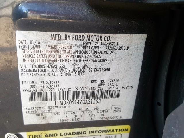 1FMDK05147GA31553 - 2007 FORD FREESTYLE SEL  photo 10