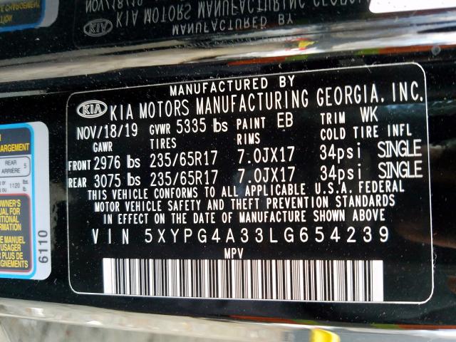 5XYPG4A33LG654239 - 2020 KIA SORENTO L  photo 10