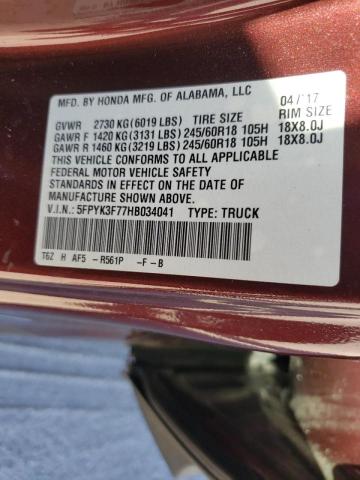 5FPYK3F77HB034041 - 2017 HONDA RIDGELINE RTL MAROON photo 10