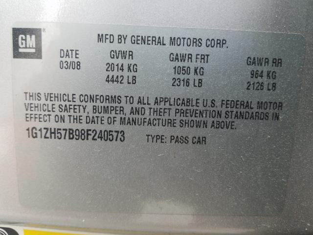 1G1ZH57B98F240573 - 2008 CHEVROLET MALIBU 1LT SILVER photo 10