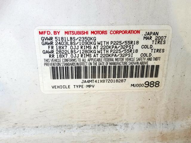 JA4MT41X87Z018287 - 2007 MITSUBISHI OUTLANDER XLS  photo 10