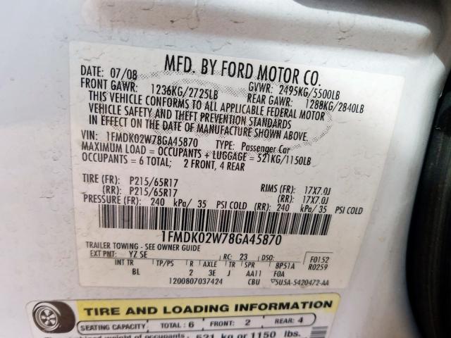 1FMDK02W78GA45870 - 2008 FORD TAURUS X SEL  photo 10