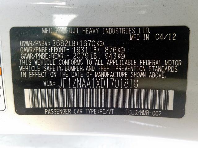 JF1ZNAA1XD1701818 - 2013 TOYOTA SCION FR-S  photo 10