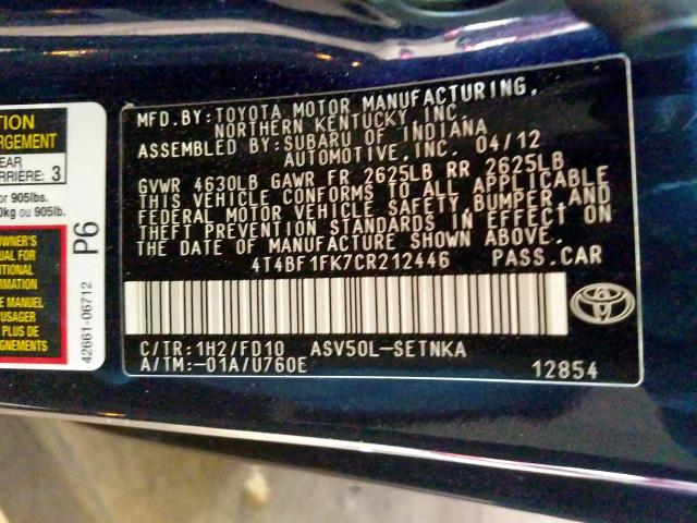 4T4BF1FK7CR212446 - 2012 TOYOTA CAMRY BASE  photo 10