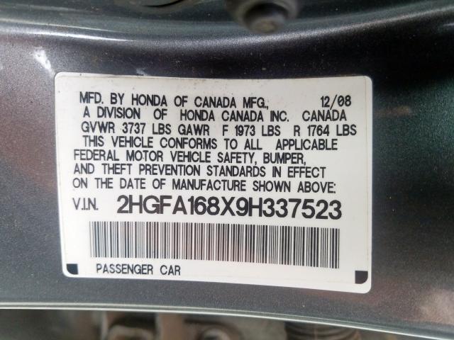 2HGFA168X9H337523 - 2009 HONDA CIVIC EX  photo 10