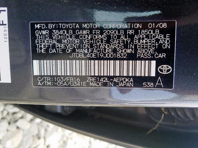 JTDBL40E19J001832 - 2009 TOYOTA COROLLA BASE  photo 10