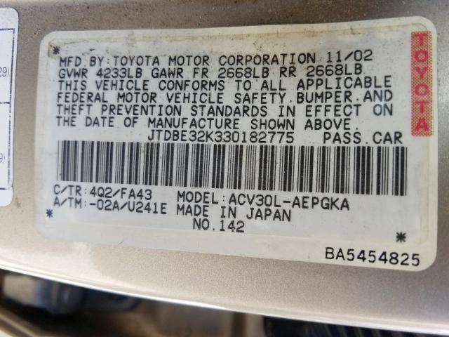 JTDBE32K330182775 - 2003 TOYOTA CAMRY LE  photo 10