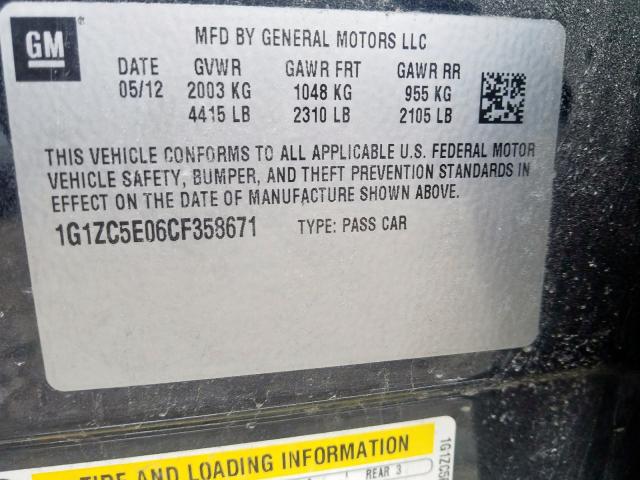 1G1ZC5E06CF358671 - 2012 CHEVROLET MALIBU 1LT  照片 10