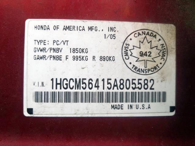 1HGCM56415A805582 - 2005 HONDA ACCORD LX  photo 10