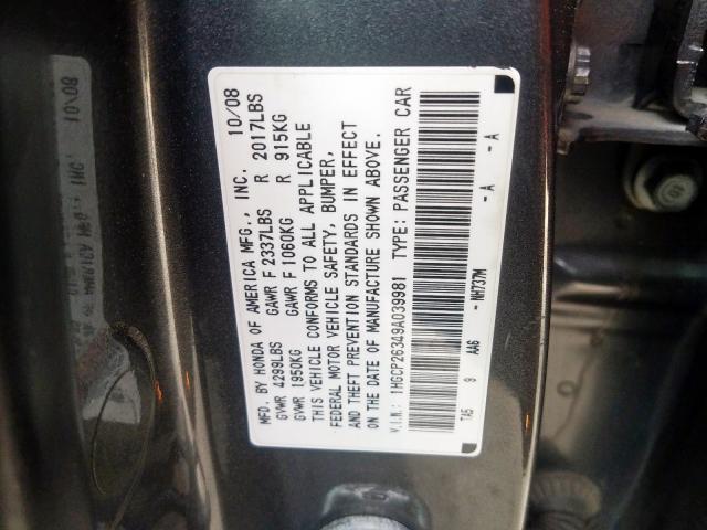 1HGCP26349A039981 - 2009 HONDA ACCORD LX  photo 10