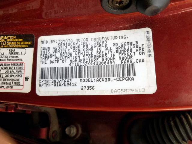 4T1BE32K44U300404 - 2004 TOYOTA CAMRY LE  photo 10