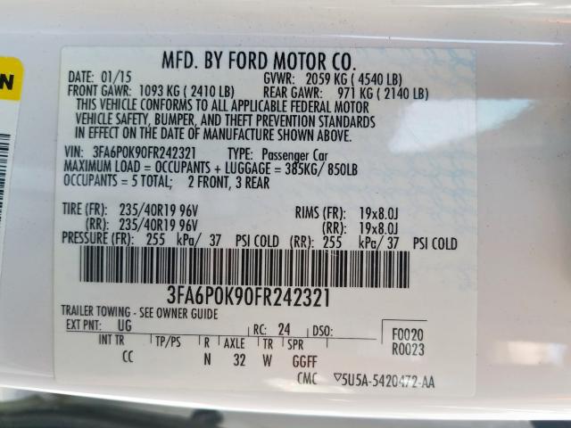 3FA6P0K90FR242321 - 2015 FORD FUSION TITANIUM  photo 10