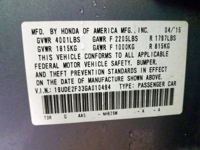 19UDE2F33GA010494 - 2016 ACURA ILX BASE WATCH PLUS  photo 10