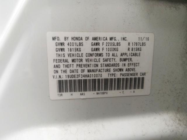 19UDE2F34HA010070 - 2017 ACURA ILX BASE WATCH PLUS  photo 10