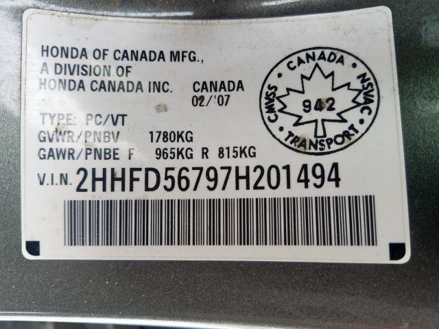 2HHFD56797H201494 - 2007 ACURA CSX PREMIUM NAVIGATION  photo 10