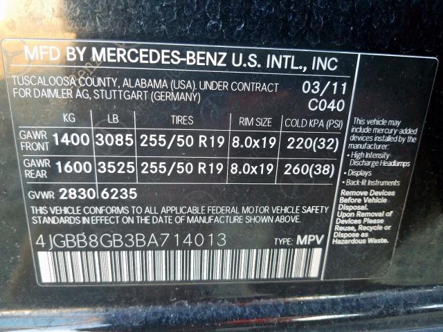 4JGBB8GB3BA714013 - 2011 MERCEDES-BENZ ML 350 4MATIC  photo 10