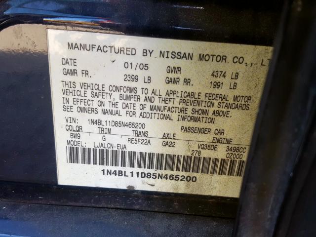 1N4BL11D85N465200 - 2005 NISSAN ALTIMA SE  photo 10