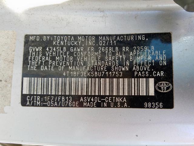 4T1BF3EK5BU711753 - 2011 TOYOTA CAMRY BASE  photo 10