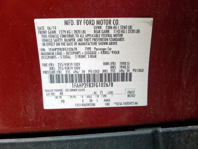 1FAHP2F83FG102678 - 2015 FORD TAURUS LIMITED  photo 10