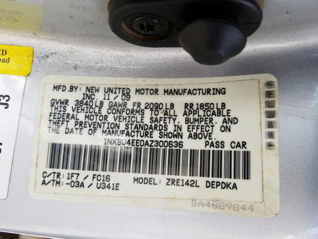 1NXBU4EE0AZ300636 - 2010 TOYOTA COROLLA BASE  照片 10