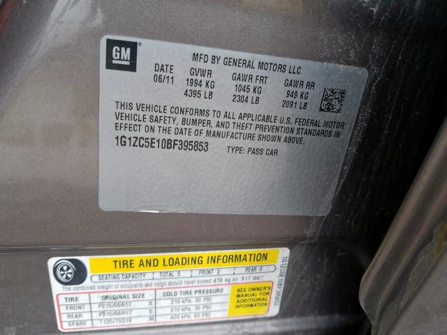 1G1ZC5E10BF395853 - 2011 CHEVROLET MALIBU 1LT  照片 10