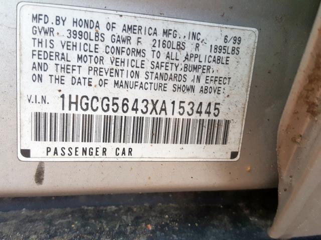 1HGCG5643XA153445 - 1999 HONDA ACCORD LX  photo 10