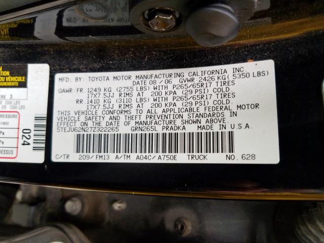 5TEJU62N27Z322265 - 2007 TOYOTA TACOMA DOUBLE CAB PRERUNNER  photo 10