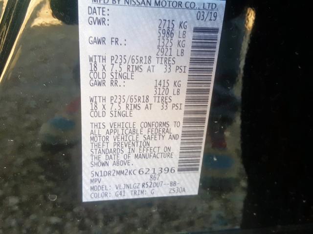 5N1DR2MM2KC621396 - 2019 NISSAN PATHFINDER S  照片 10