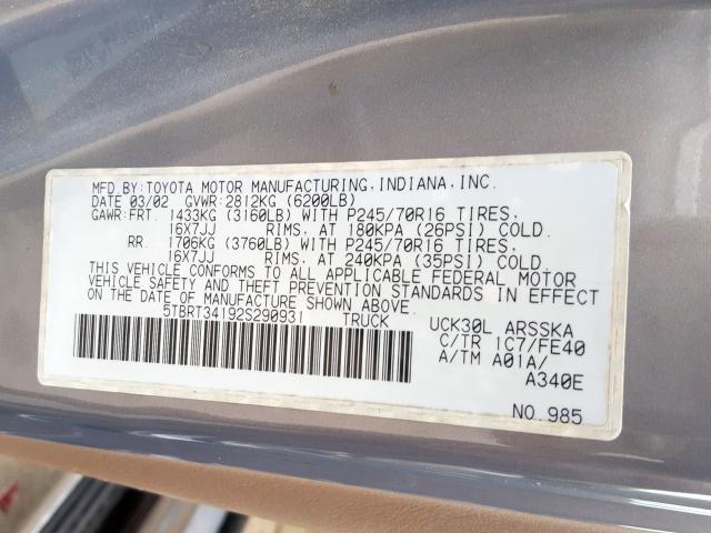 5TBRT34192S290931 - 2002 TOYOTA TUNDRA ACCESS CAB  照片 10
