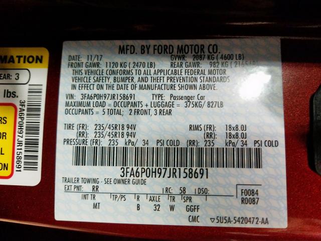 3FA6P0H97JR158691 - 2018 FORD FUSION SE  photo 10