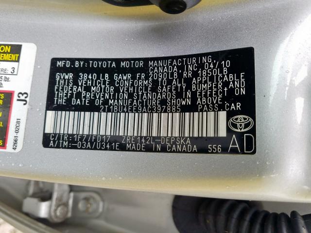 2T1BU4EE9AC397885 - 2010 TOYOTA COROLLA BASE  照片 10