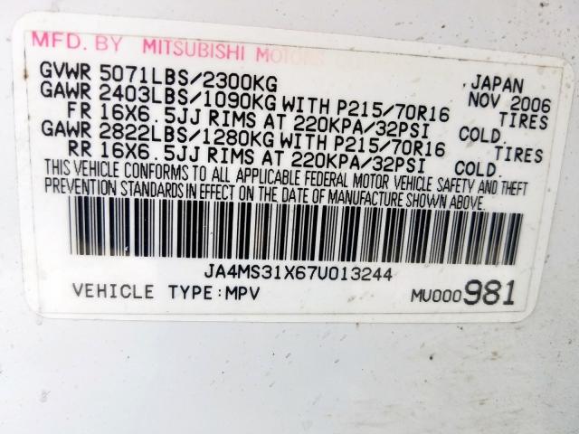 JA4MS31X67U013244 - 2007 MITSUBISHI OUTLANDER ES  photo 10