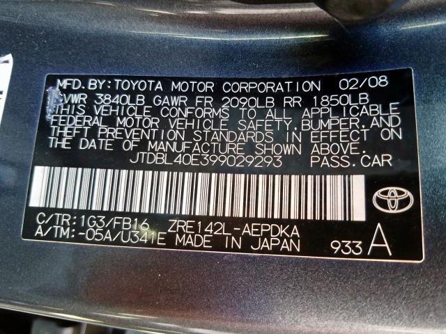 JTDBL40E399029293 - 2009 TOYOTA COROLLA BASE  照片 10