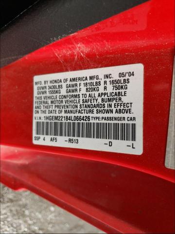 1HGEM22184L066426 - 2004 HONDA CIVIC DX VP RED photo 10