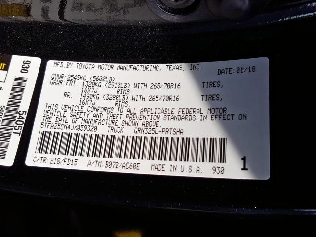 5TFAZ5CN4JX059320 - 2018 TOYOTA TACOMA DOUBLE CAB  照片 10