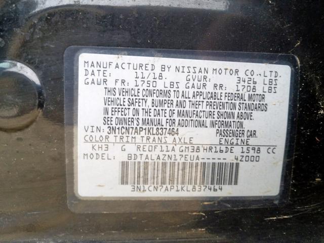 3N1CN7AP1KL837464 - 2019 NISSAN VERSA S  photo 10