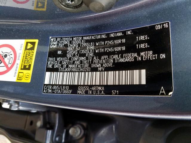 5TDJKRFH8GS340293 - 2016 TOYOTA HIGHLANDER XLE  ფოტო 10